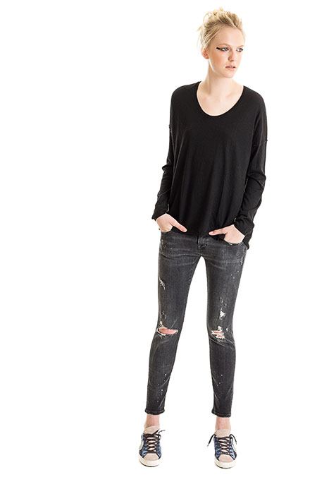 L/S Boxy Tee, Black, 100% Fine Worsted Cashmere | Paychi Guh