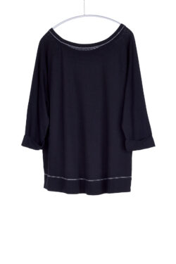 Three Quarter Sleeve Cuffed Tee, Black, 55% Linen 45% Cotton | Paychi Guh