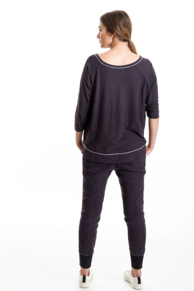 Three Quarter Sleeve Cuffed Tee, Slate, 55% Linen 45% Cotton | Paychi Guh