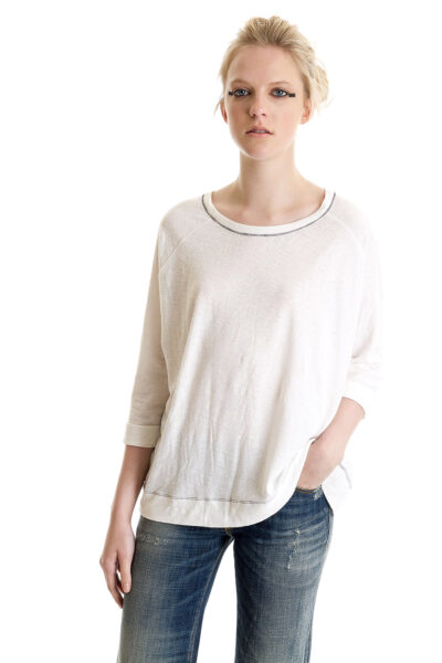 Three Quarter Sleeve Cuffed Tee, White, 55% Linen 45% Cotton | Paychi Guh