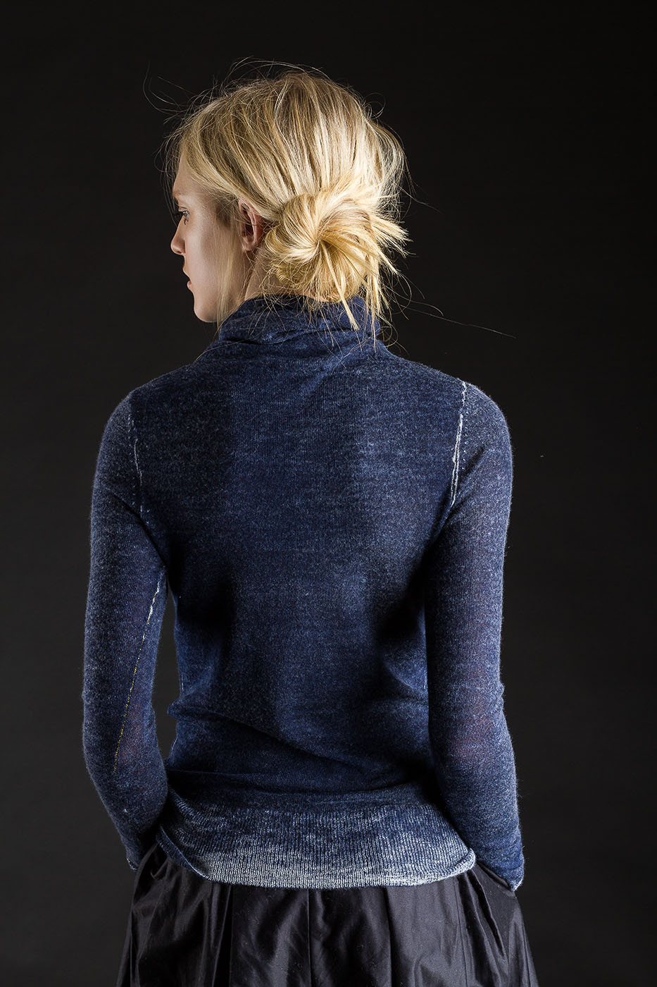 F25_PrintedSheerFunnel_FadedNavy_Back Printed Sheer Funnel, Faded Navy, 100% Worsted Cashmere | Paychi Guh