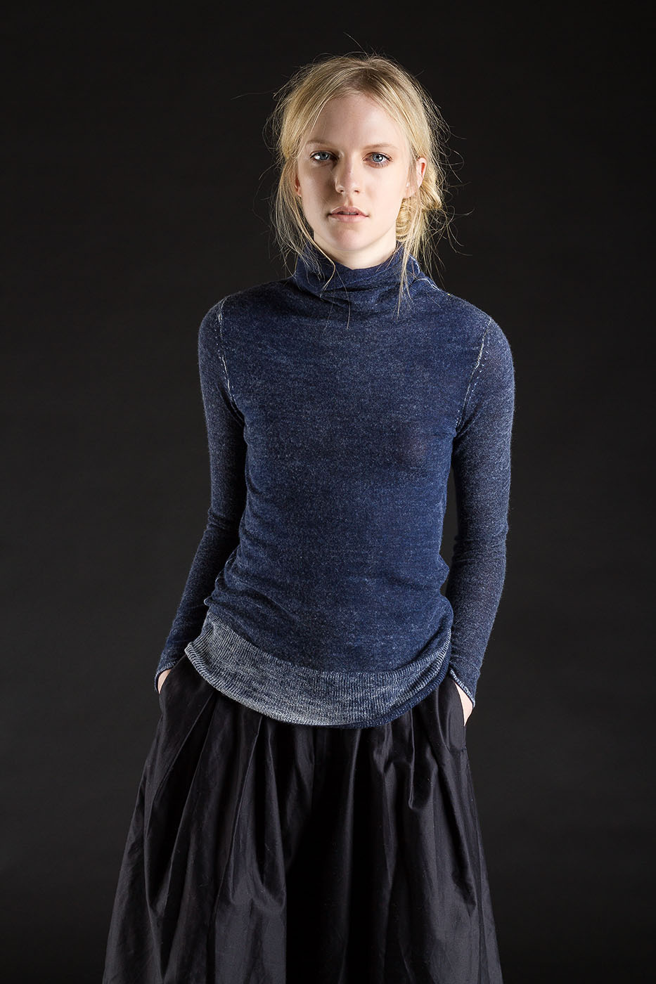 F25_PrintedSheerFunnel_FadedNavy_Front Printed Sheer Funnel, Faded Navy, 100% Worsted Cashmere | Paychi Guh