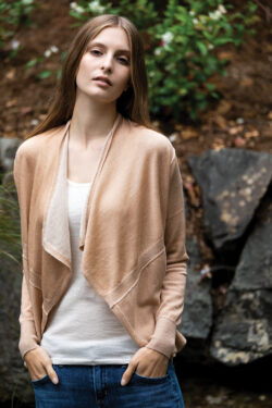 Paychi Guh | Drape Front Cardigan, Camel/Ivory, 100% Superfine Worsted Mongolian Cashmere