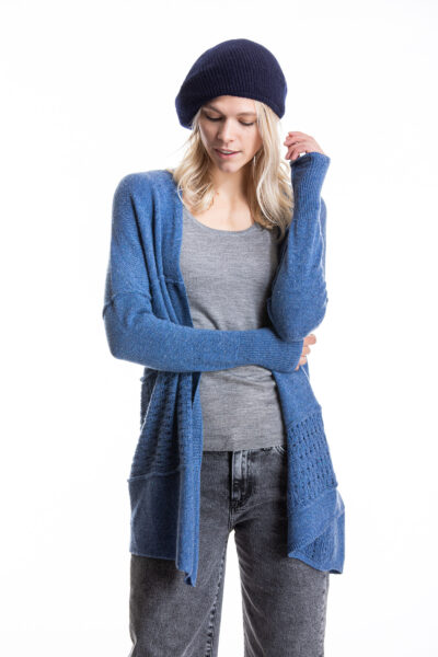 Paychi Guh | Lace Panel Cardigan, Denim Speckle, 100% Mongolian Cashmere