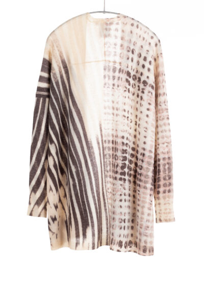Paychi Guh | Mix Print Open Cardigan, Latte Multi, 100% Worsted Cashmere