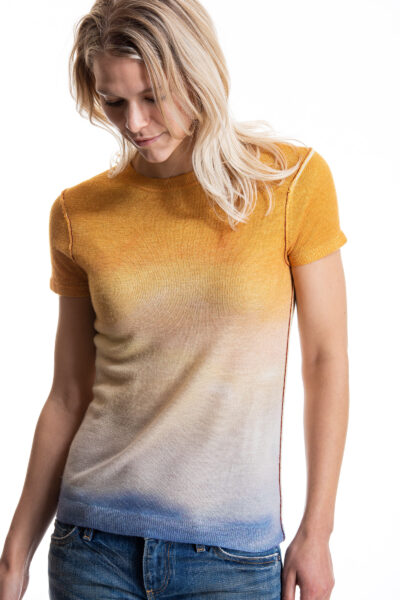 Paychi Guh | S/S Watercolor Crew, Gold/Blue, 100% Worsted Cashmere