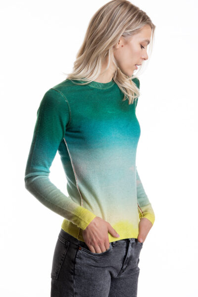 Paychi Guh | L/S Watercolor Crew, Green/Yellow, 100% Worsted Cashmere